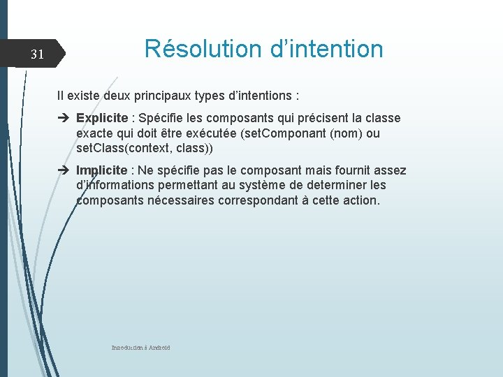 31 Résolution d’intention Il existe deux principaux types d’intentions : Explicite : Spécifie les