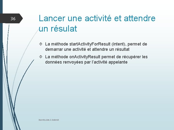 36 Lancer une activité et attendre un résulat La méthode start. Activity. For. Result