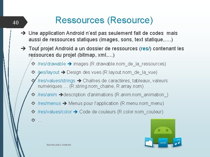 Ressources (Resource) 40 Une application Android n’est pas seulement fait de codes mais aussi