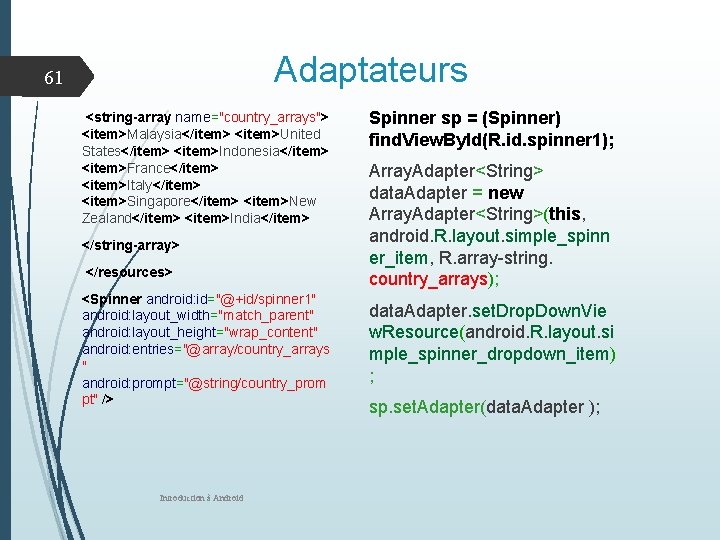 Adaptateurs 61 <string-array name="country_arrays"> <item>Malaysia</item> <item>United States</item> <item>Indonesia</item> <item>France</item> <item>Italy</item> <item>Singapore</item> <item>New Zealand</item> <item>India</item>