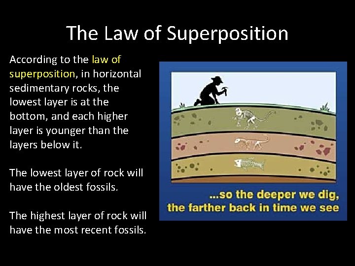 The Law of Superposition According to the law of superposition, in horizontal sedimentary rocks,