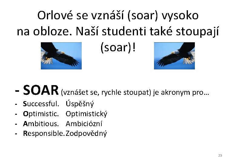 Orlové se vznáší (soar) vysoko na obloze. Naší studenti také stoupají (soar)! - SOAR Orlové se vznáší (soar) vysoko na obloze. Naší studenti také stoupají (soar)! - SOAR
