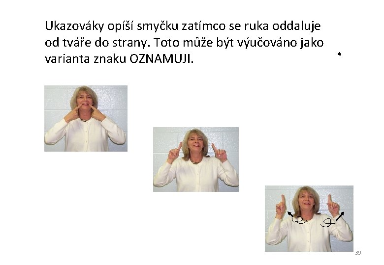 . Ukazováky opíší smyčku zatímco se ruka oddaluje od tváře do strany. Toto může . Ukazováky opíší smyčku zatímco se ruka oddaluje od tváře do strany. Toto může