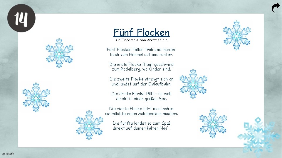 Fünf Flocken ein Fingerspiel von Anett Kölpin Fünf Flocken fallen froh und munter hoch