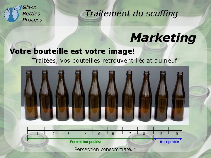 Traitement du scuffing Marketing Votre bouteille est votre image! Traitées, vos bouteilles retrouvent l’éclat