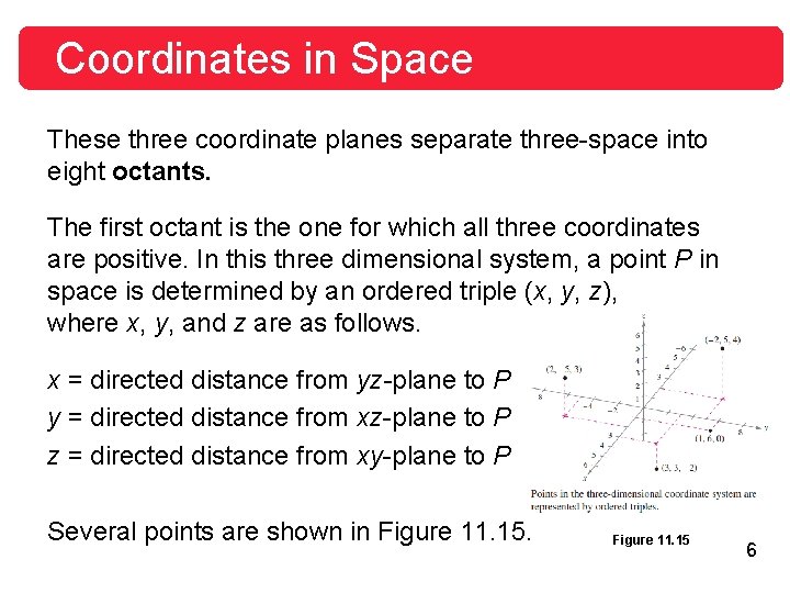Coordinates in Space These three coordinate planes separate three-space into eight octants. The first Coordinates in Space These three coordinate planes separate three-space into eight octants. The first