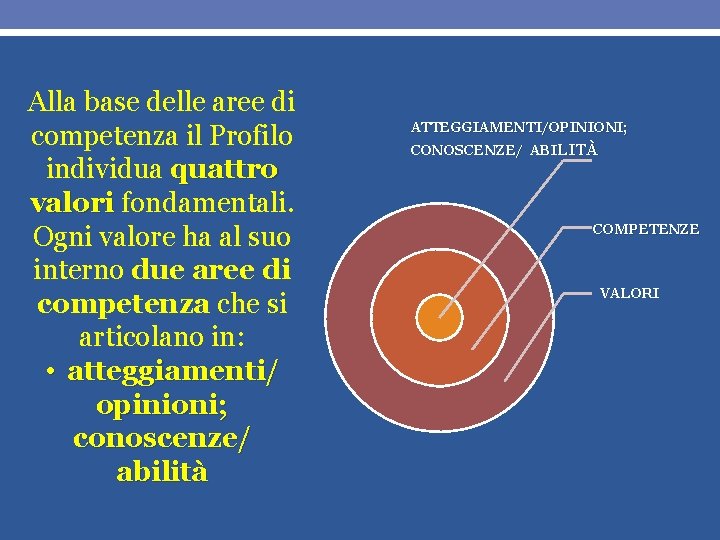 Alla base delle aree di competenza il Profilo individua quattro valori fondamentali. Ogni valore