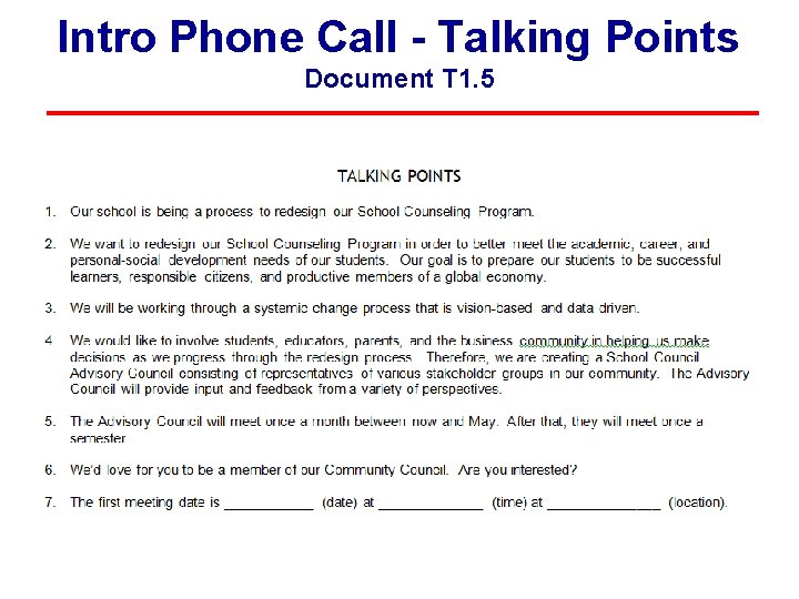 Intro Phone Call - Talking Points Document T 1. 5 Intro Phone Call - Talking Points Document T 1. 5