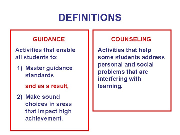 DEFINITIONS GUIDANCE Activities that enable all students to: 1) Master guidance standards and as DEFINITIONS GUIDANCE Activities that enable all students to: 1) Master guidance standards and as