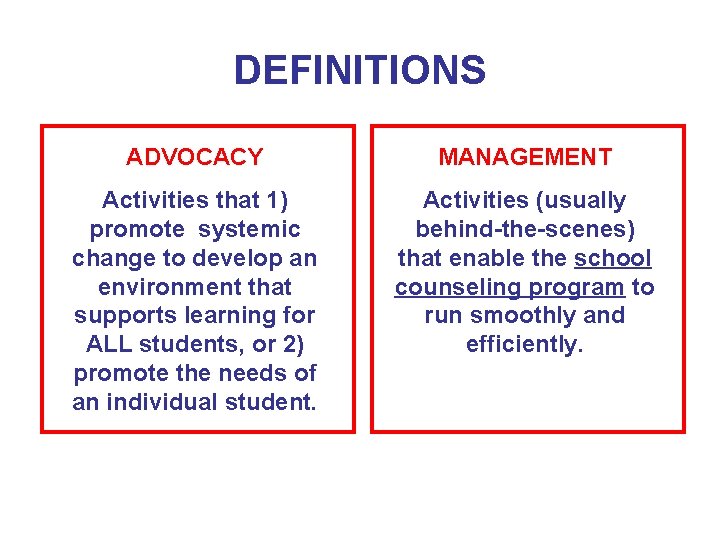 DEFINITIONS ADVOCACY MANAGEMENT Activities that 1) promote systemic change to develop an environment that DEFINITIONS ADVOCACY MANAGEMENT Activities that 1) promote systemic change to develop an environment that