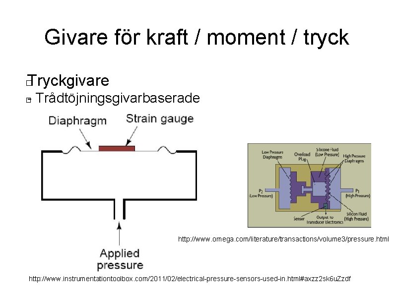 Givare för kraft / moment / tryck Tryckgivare � - Trådtöjningsgivarbaserade � http: //www.