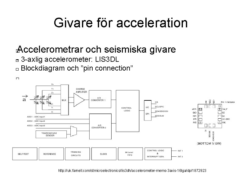 Givare för acceleration Accelerometrar och seismiska givare � - 3 -axlig accelerometer: LIS 3