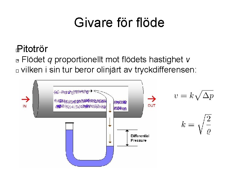 Givare för flöde Pitotrör � - Flödet q proportionellt mot flödets hastighet v �