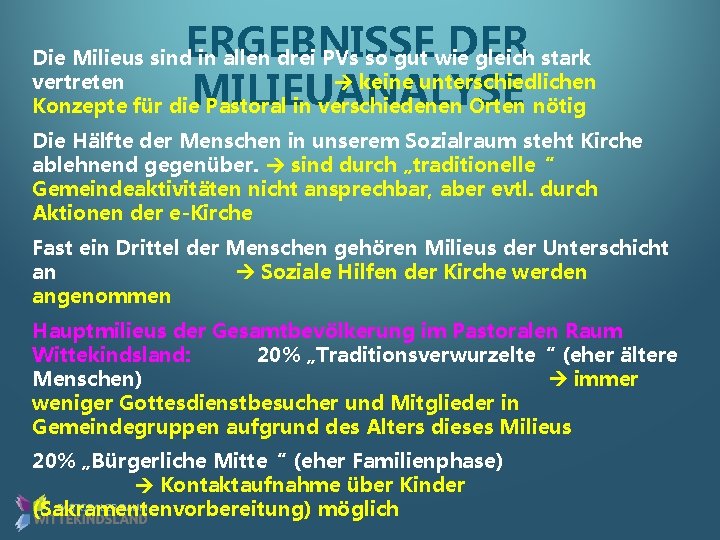 ERGEBNISSE DER MILIEUANALYSE Die Milieus sind in allen drei PVs so gut wie gleich