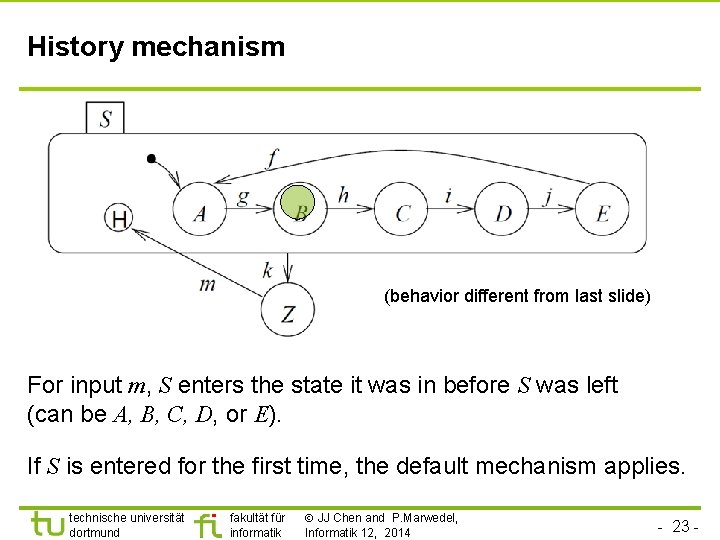 History mechanism (behavior different from last slide) For input m, S enters the state