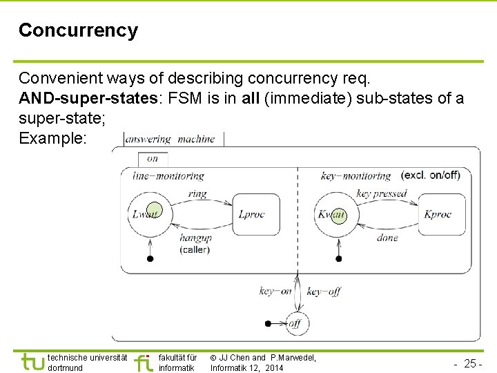 Concurrency Convenient ways of describing concurrency req. AND-super-states: FSM is in all (immediate) sub-states