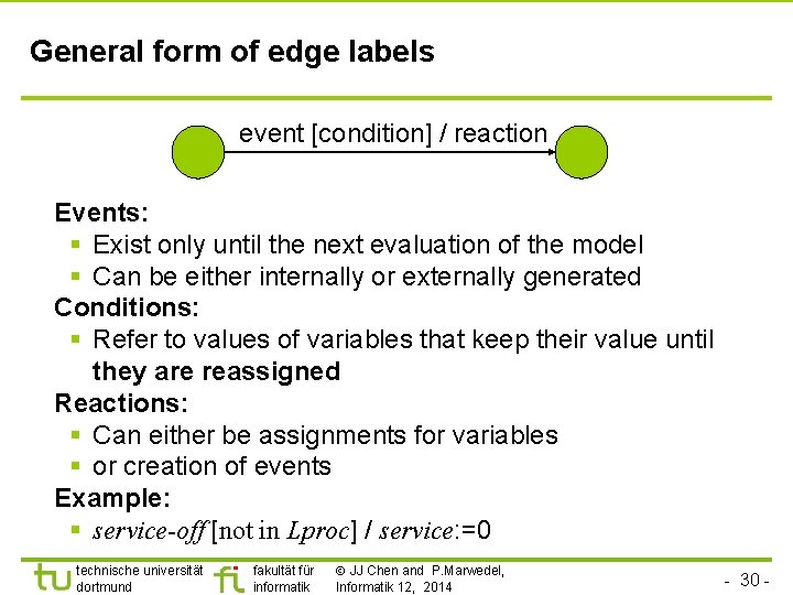 General form of edge labels event [condition] / reaction Events: § Exist only until