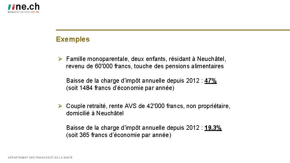 Exemples Ø Famille monoparentale, deux enfants, résidant à Neuchâtel, revenu de 60'000 francs, touche