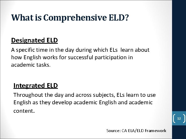 What is Comprehensive ELD? Designated ELD A specific time in the day during which