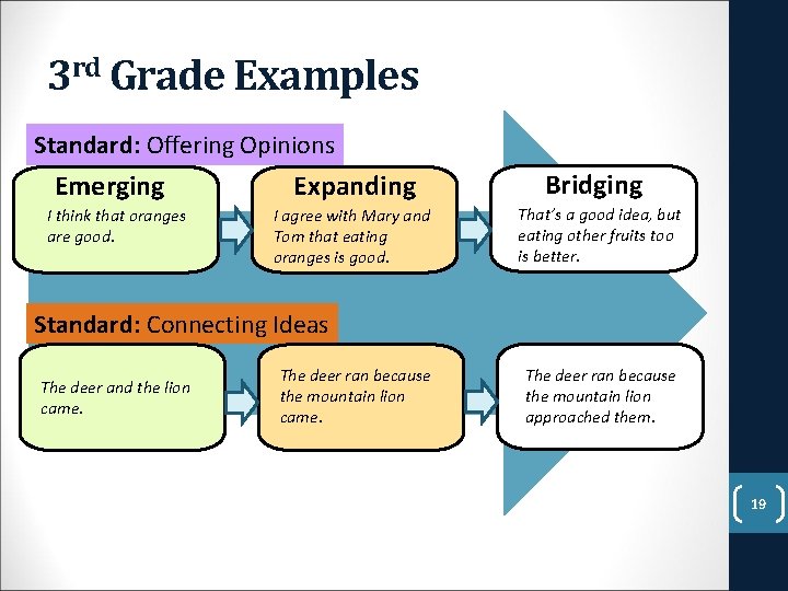 3 rd Grade Examples Standard: Offering Opinions Emerging I think that oranges are good.