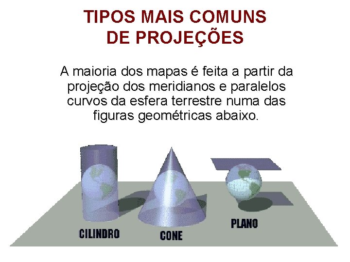 TIPOS MAIS COMUNS DE PROJEÇÕES A maioria dos mapas é feita a partir da TIPOS MAIS COMUNS DE PROJEÇÕES A maioria dos mapas é feita a partir da