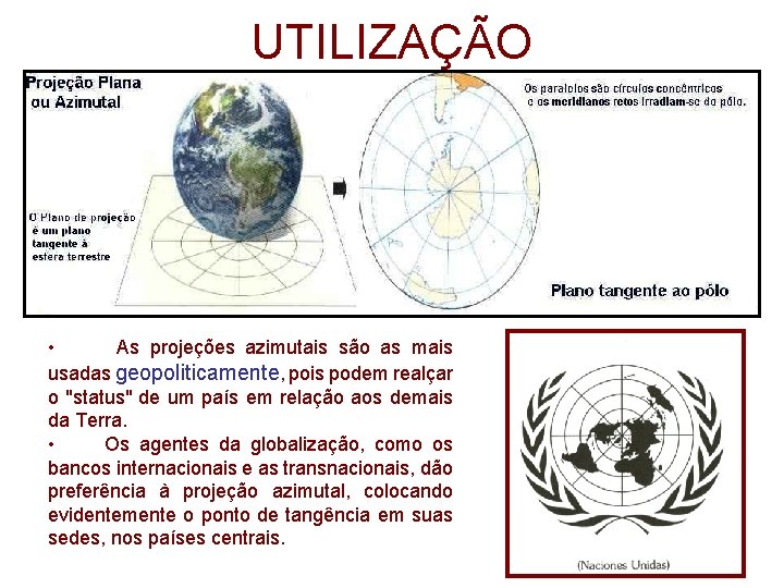 UTILIZAÇÃO • As projeções azimutais são as mais usadas geopoliticamente, pois podem realçar o UTILIZAÇÃO • As projeções azimutais são as mais usadas geopoliticamente, pois podem realçar o