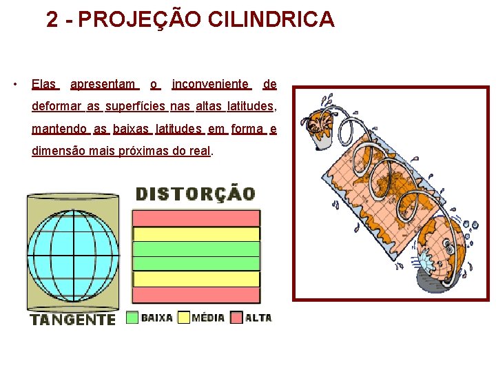 2 - PROJEÇÃO CILINDRICA • Elas apresentam o inconveniente de deformar as superfícies nas 2 - PROJEÇÃO CILINDRICA • Elas apresentam o inconveniente de deformar as superfícies nas