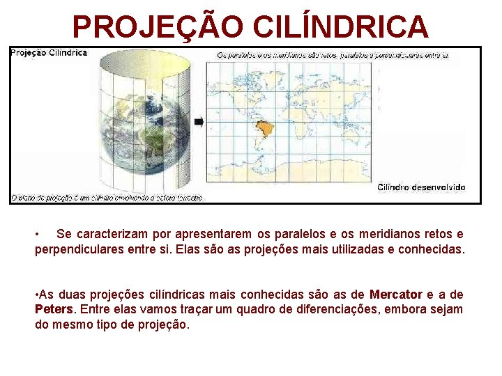 PROJEÇÃO CILÍNDRICA • Se caracterizam por apresentarem os paralelos e os meridianos retos e PROJEÇÃO CILÍNDRICA • Se caracterizam por apresentarem os paralelos e os meridianos retos e