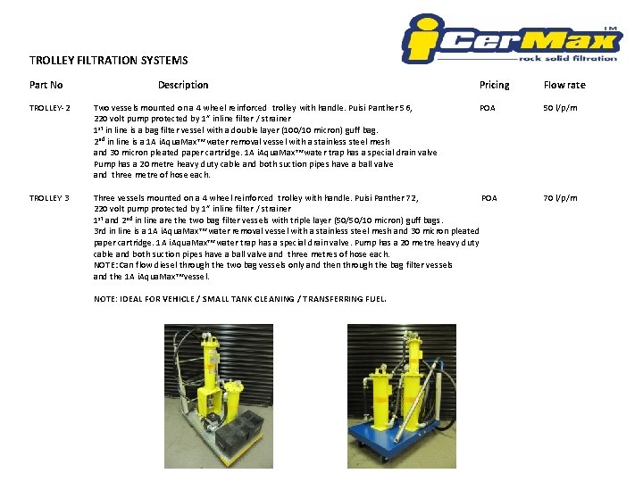 TROLLEY FILTRATION SYSTEMS Part No Description Pricing Flow rate TROLLEY-2 Two vessels mounted on