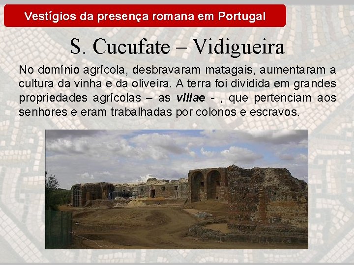 Vestígios da presença romana em Portugal S. Cucufate – Vidigueira No domínio agrícola, desbravaram