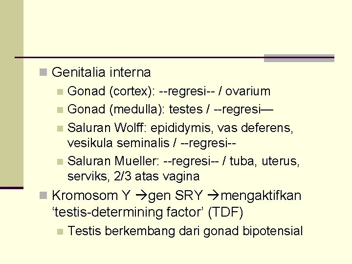 n Genitalia interna n Gonad (cortex): --regresi-- / ovarium n Gonad (medulla): testes /