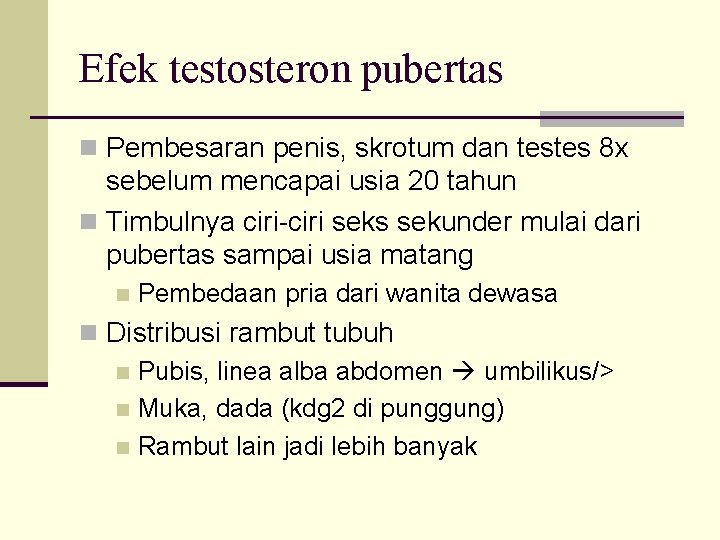 Efek testosteron pubertas n Pembesaran penis, skrotum dan testes 8 x sebelum mencapai usia