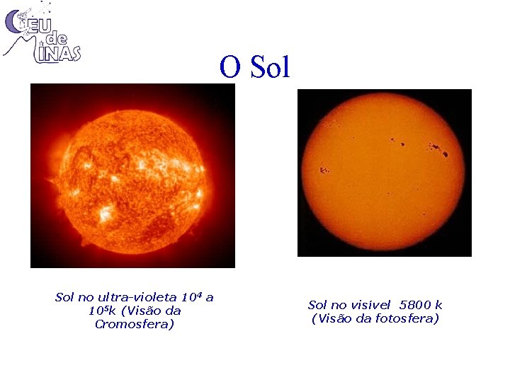 O Sol no ultra-violeta 104 a 105 k (Visão da Cromosfera) Sol no visível