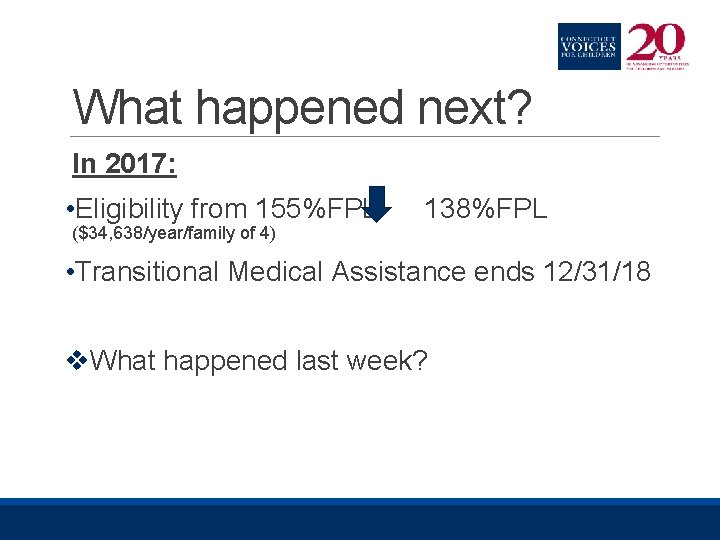 What happened next? In 2017: • Eligibility from 155%FPL ($34, 638/year/family of 4) 138%FPL