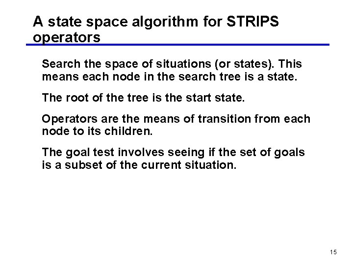 A state space algorithm for STRIPS operators Search the space of situations (or states).
