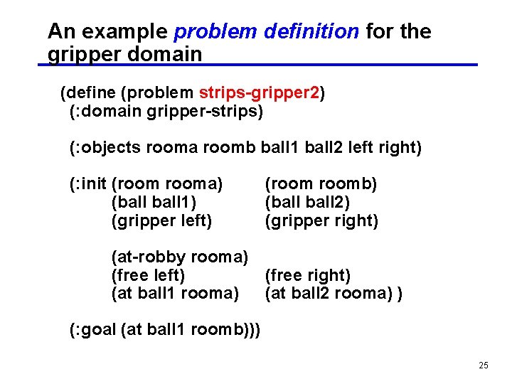 An example problem definition for the gripper domain (define (problem strips-gripper 2) (: domain