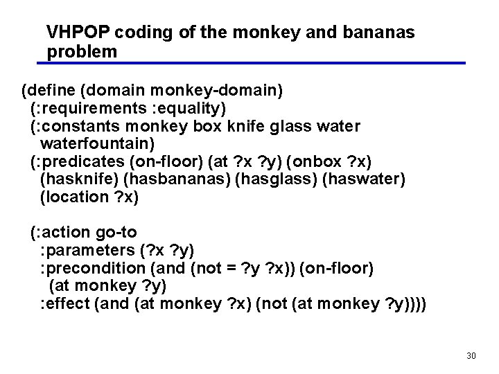 VHPOP coding of the monkey and bananas problem (define (domain monkey-domain) (: requirements :