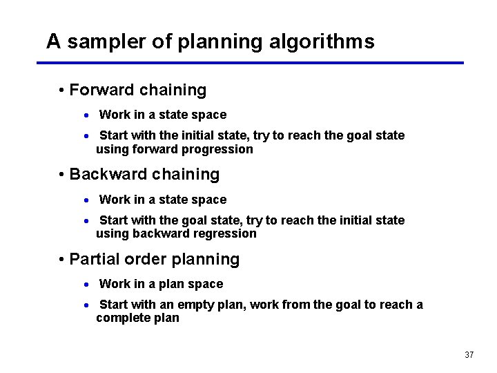 A sampler of planning algorithms • Forward chaining · Work in a state space