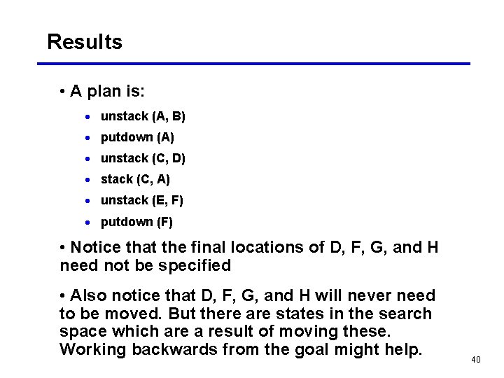 Results • A plan is: · unstack (A, B) · putdown (A) · unstack