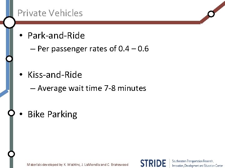 Private Vehicles • Park-and-Ride – Per passenger rates of 0. 4 – 0. 6
