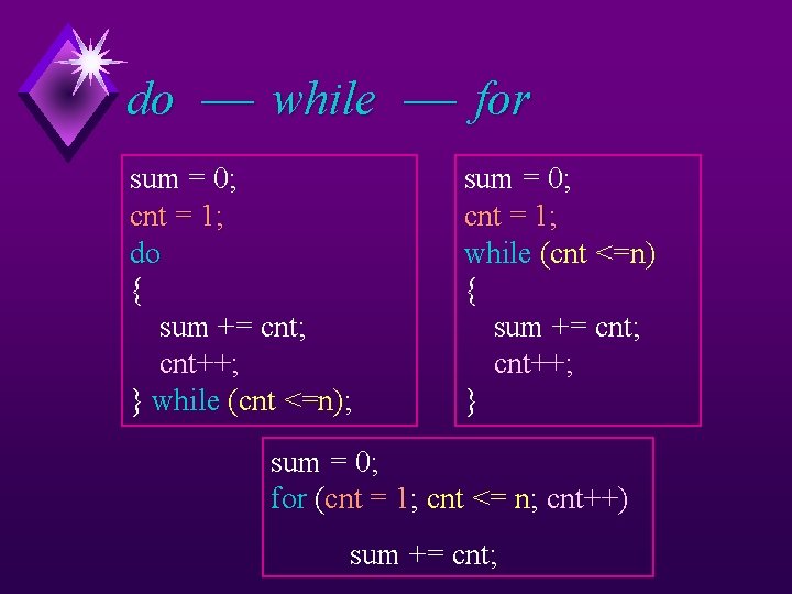 do ¾ while ¾ for sum = 0; cnt = 1; do { sum