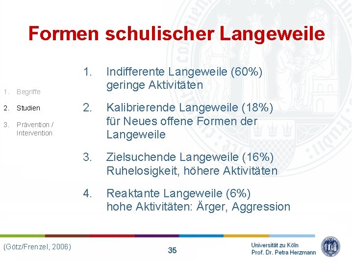 Formen schulischer Langeweile 1. Begriffe 2. Studien 3. Prävention / Intervention (Götz/Frenzel, 2006) 1.