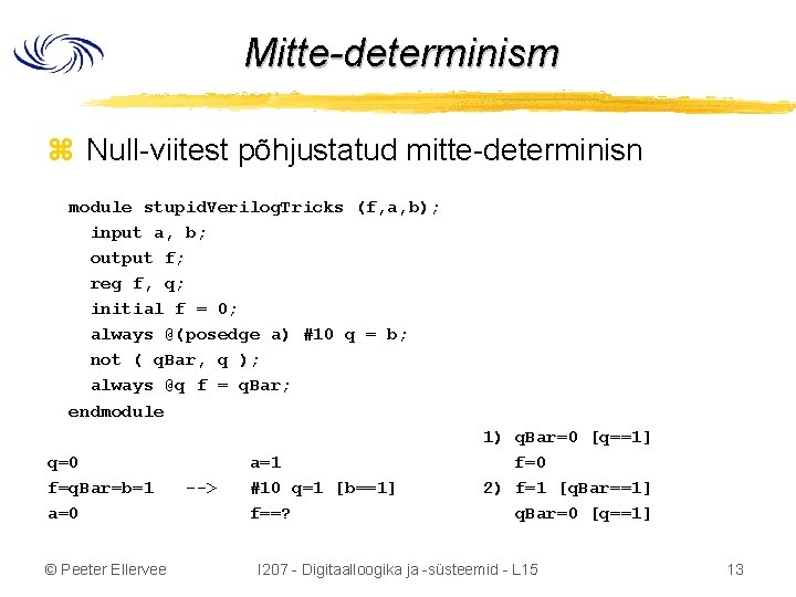 Mitte-determinism z Null-viitest põhjustatud mitte-determinisn module stupid. Verilog. Tricks (f, a, b); input a,