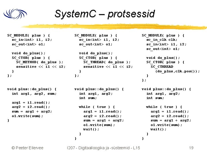 System. C – protsessid SC_MODULE( plus ) { sc_in<int> i 1, i 2; sc_out<int>