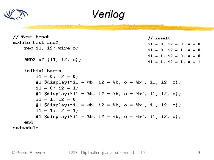 Verilog // Test-bench module test_and 2; reg i 1, i 2; wire o; AND