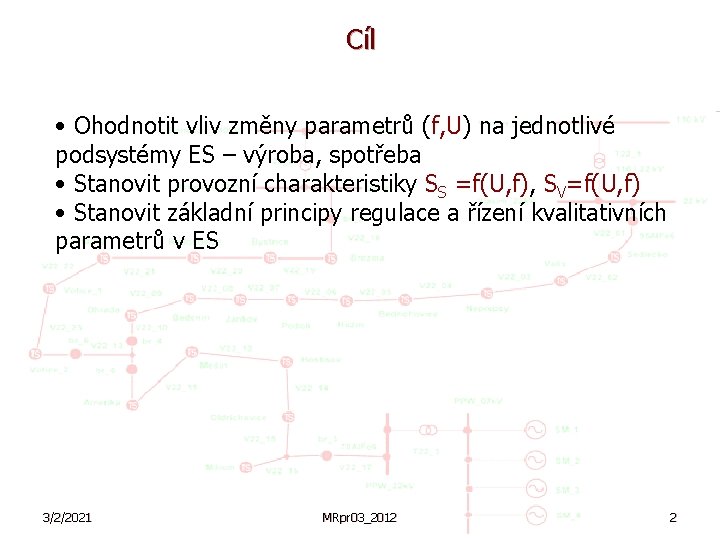 Cíl • Ohodnotit vliv změny parametrů (f, U) na jednotlivé podsystémy ES – výroba,