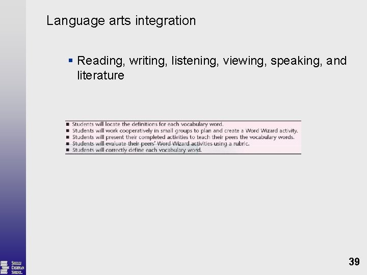 Language arts integration § Reading, writing, listening, viewing, speaking, and literature 39 