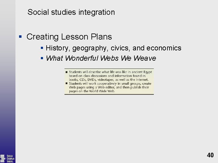 Social studies integration § Creating Lesson Plans § History, geography, civics, and economics §