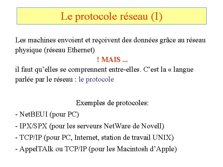 Le protocole réseau (I) Les machines envoient et reçoivent des données grâce au réseau