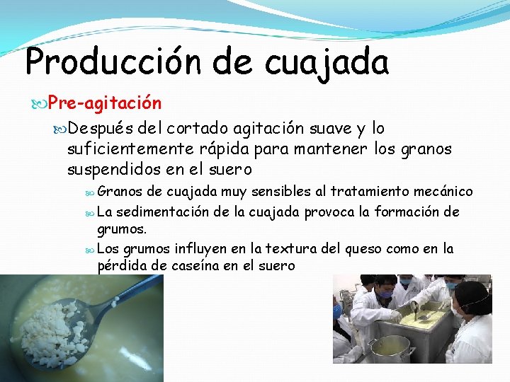 Producción de cuajada Pre-agitación Después del cortado agitación suave y lo suficientemente rápida para